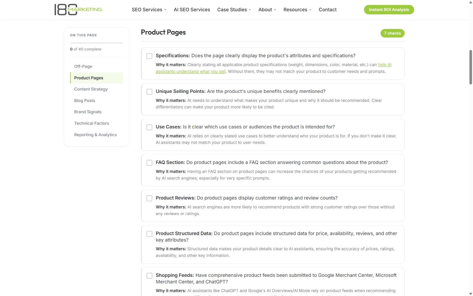 eCommerce AI SEO Checklist showing product-page optimization checks
